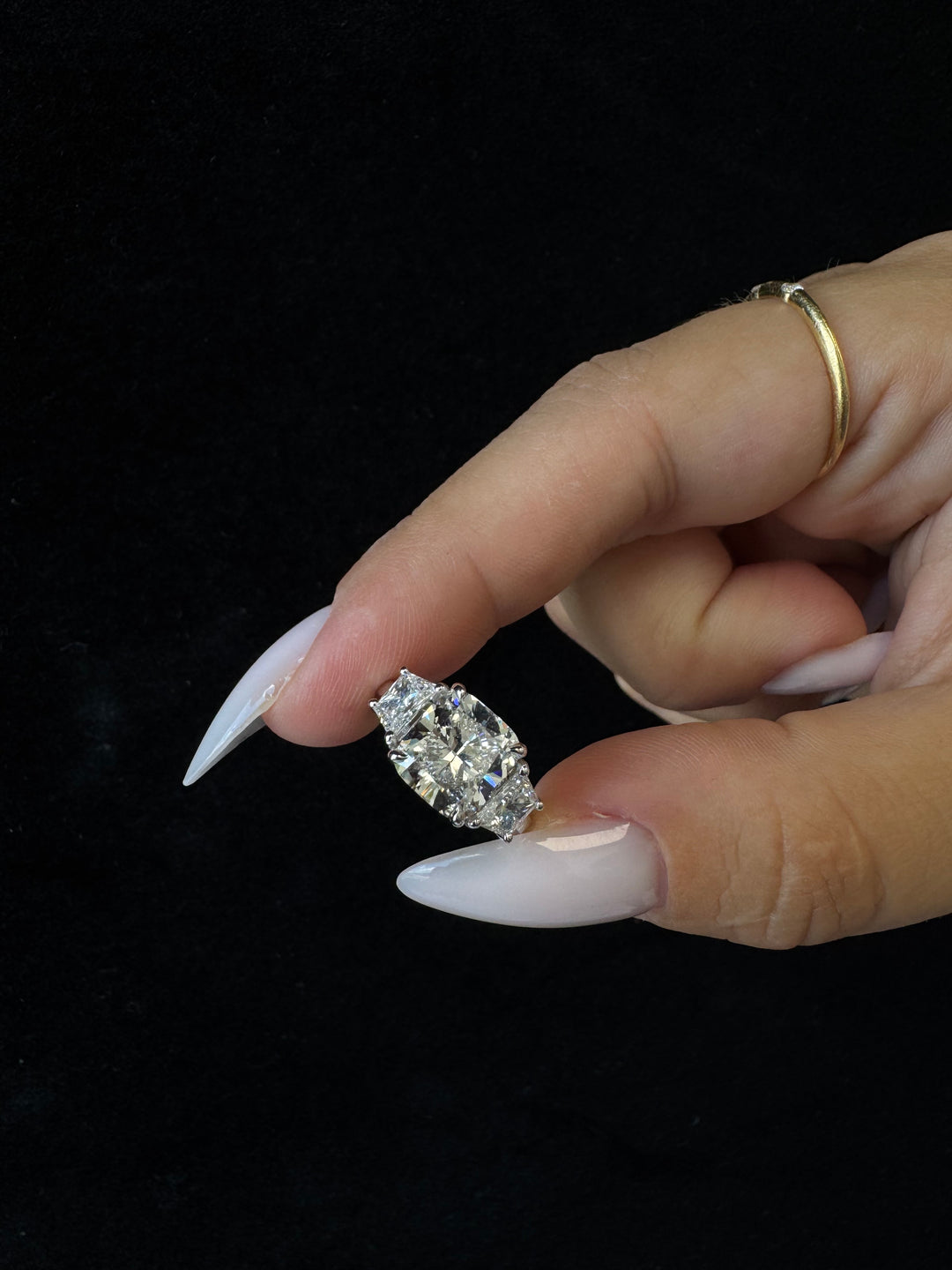 Cushion & Trapezoid Three Stone Lab-Diamond Engagement Ring