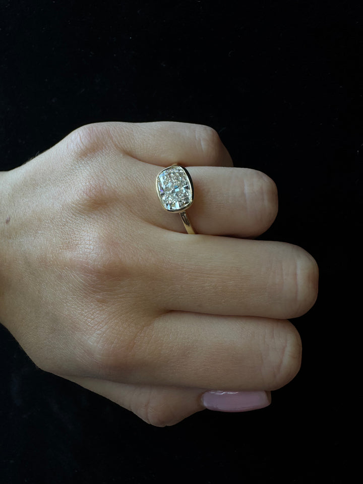 Elongated Cushion Cut East West Lab Grown Diamond Bezel Engagement Ring