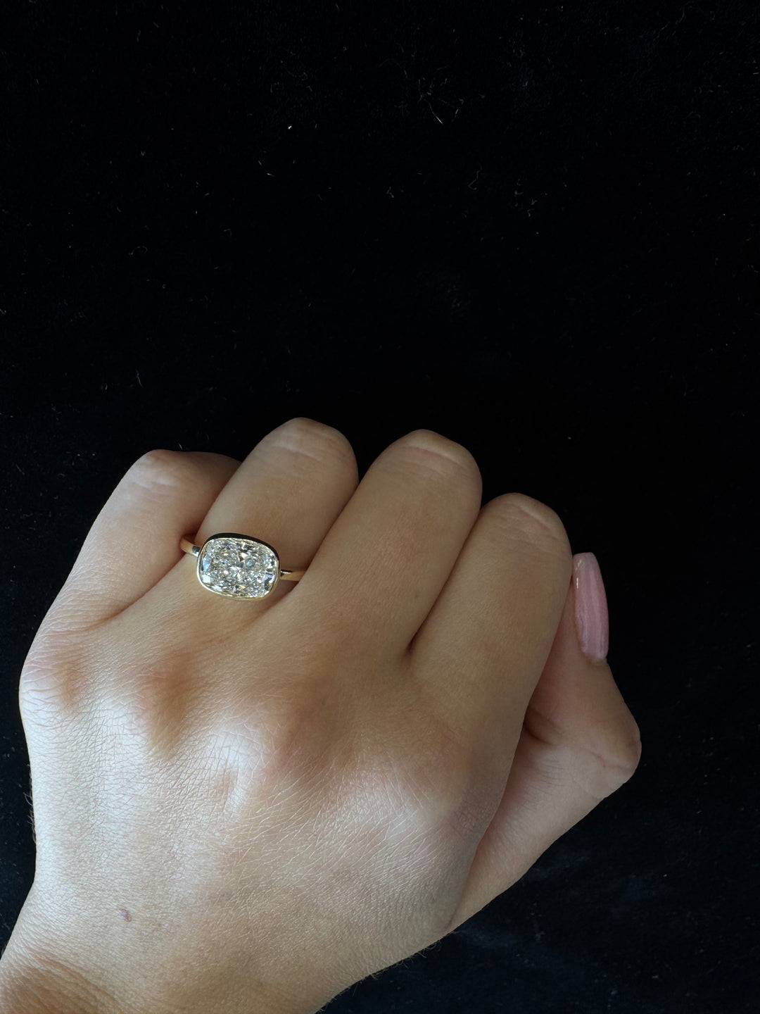 Elongated Cushion Cut East West Lab Grown Diamond Bezel Engagement Ring