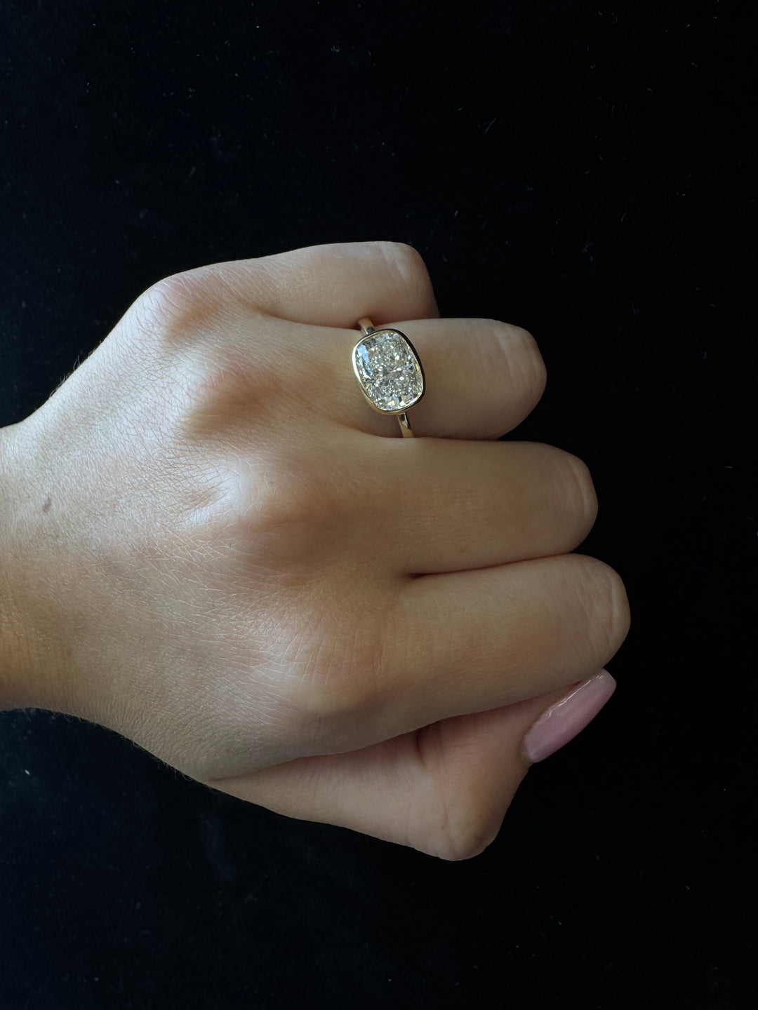 Elongated Cushion Cut East West Lab Grown Diamond Bezel Engagement Ring