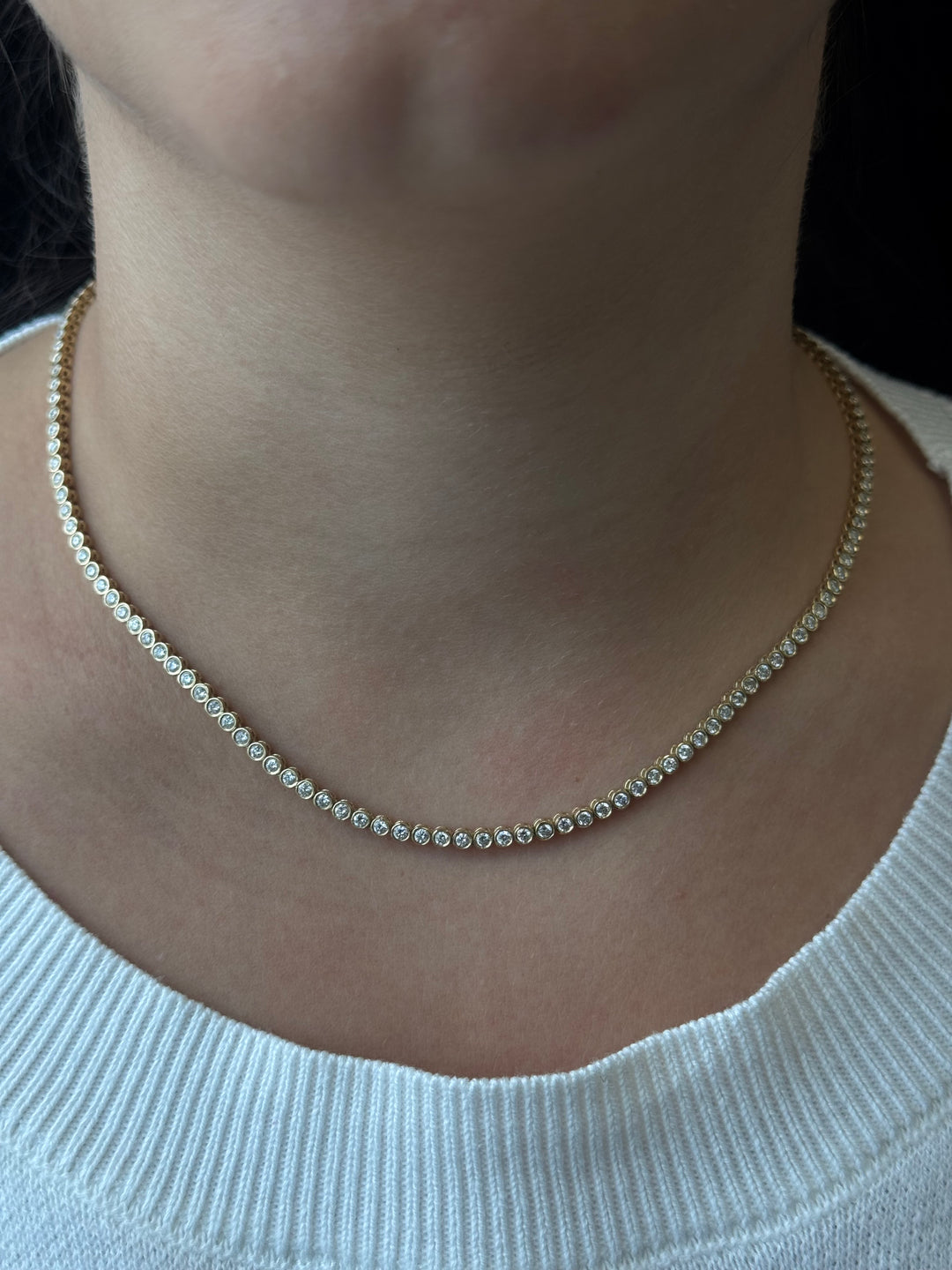 Round Shape Bezel Set Lab Grown Diamond Tennis Necklace 14K Solid Gold