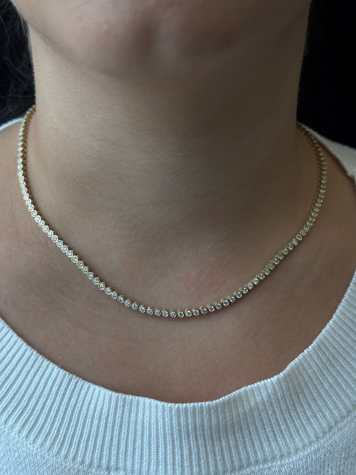 Round Shape Bezel Set Lab Grown Diamond Tennis Necklace 18K Solid Gold