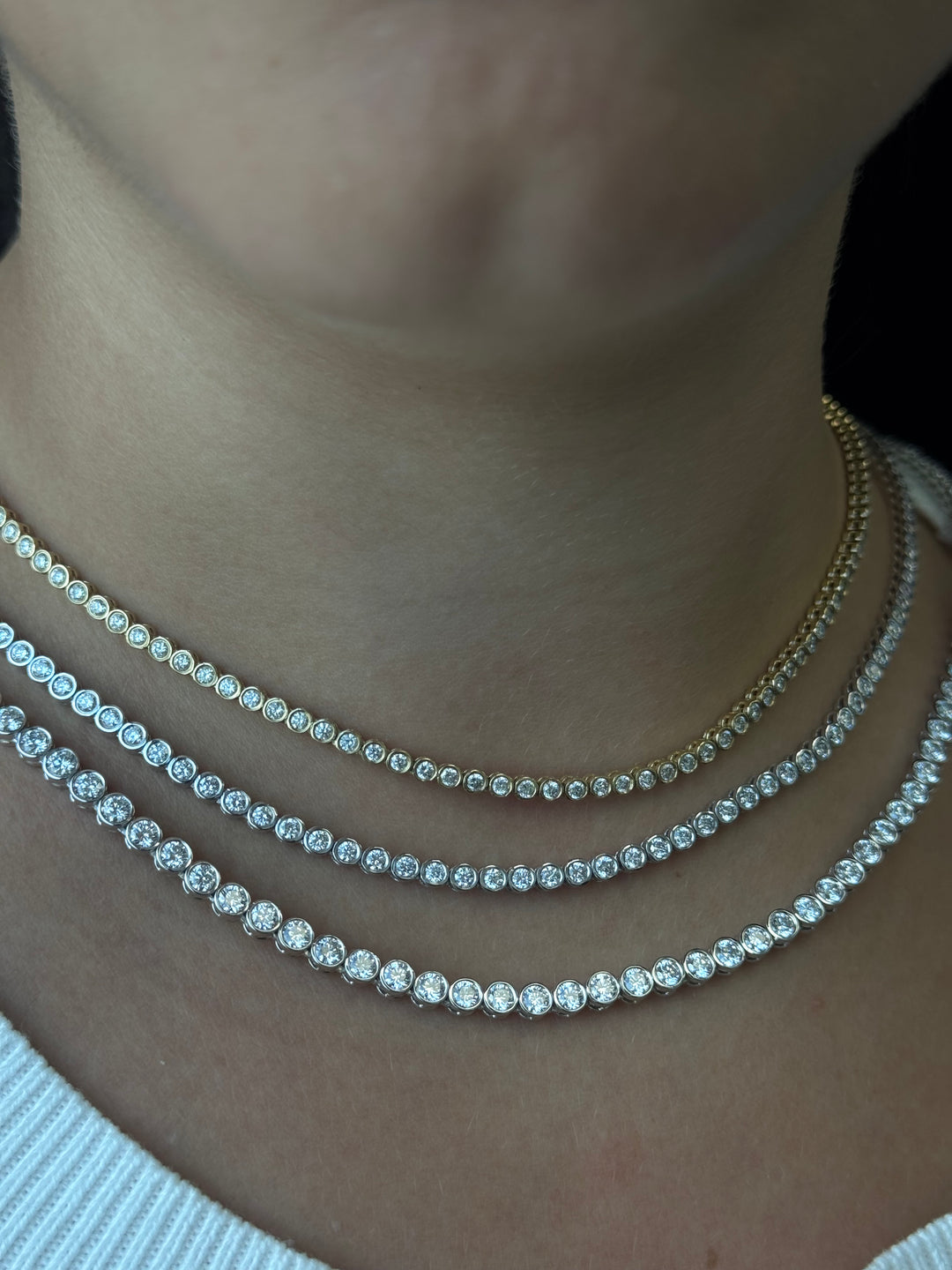 Round Shape Bezel Set Lab Grown Diamond Tennis Necklace 14K Solid Gold