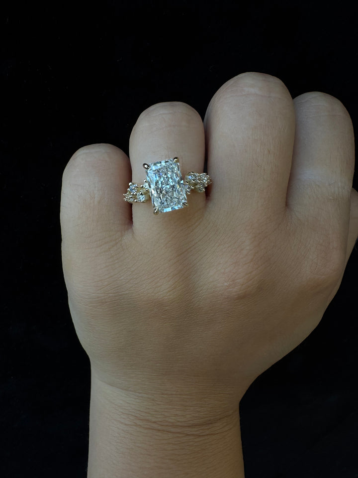 Radiant Shape Lab Grown Diamond Hidden Halo Engagement Ring with Round Side Stones