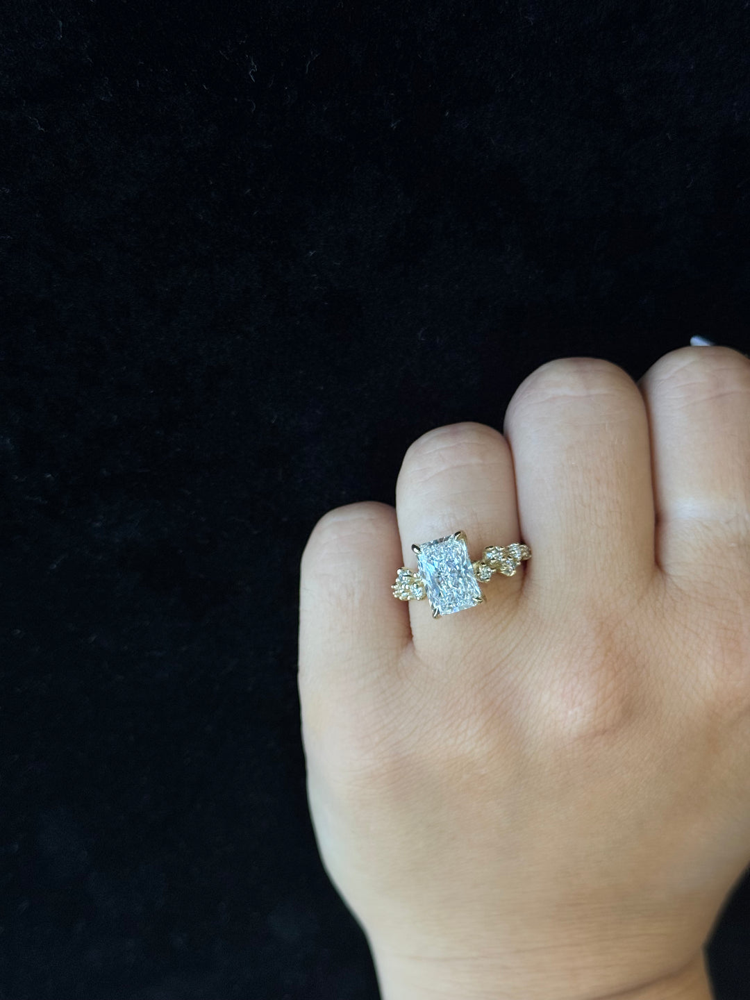 Radiant Shape Lab Grown Diamond Hidden Halo Engagement Ring with Round Side Stones