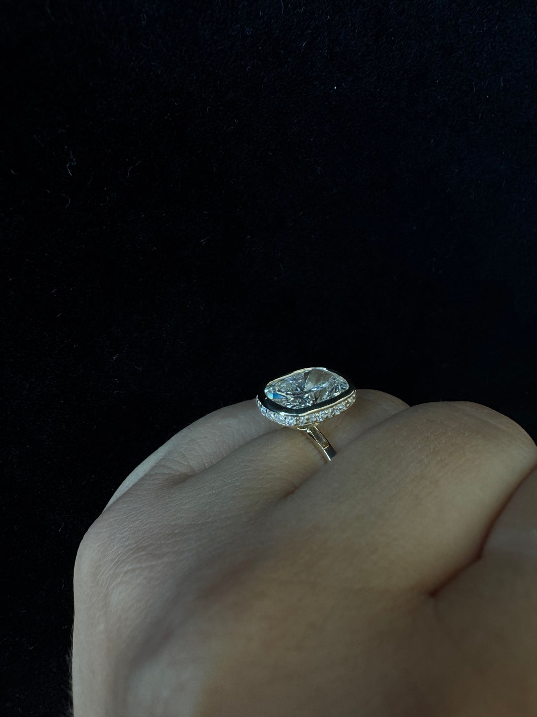Bezel Set Elongated Cushion Cut Lab Grown Diamond Engagement Ring with Hidden Halo