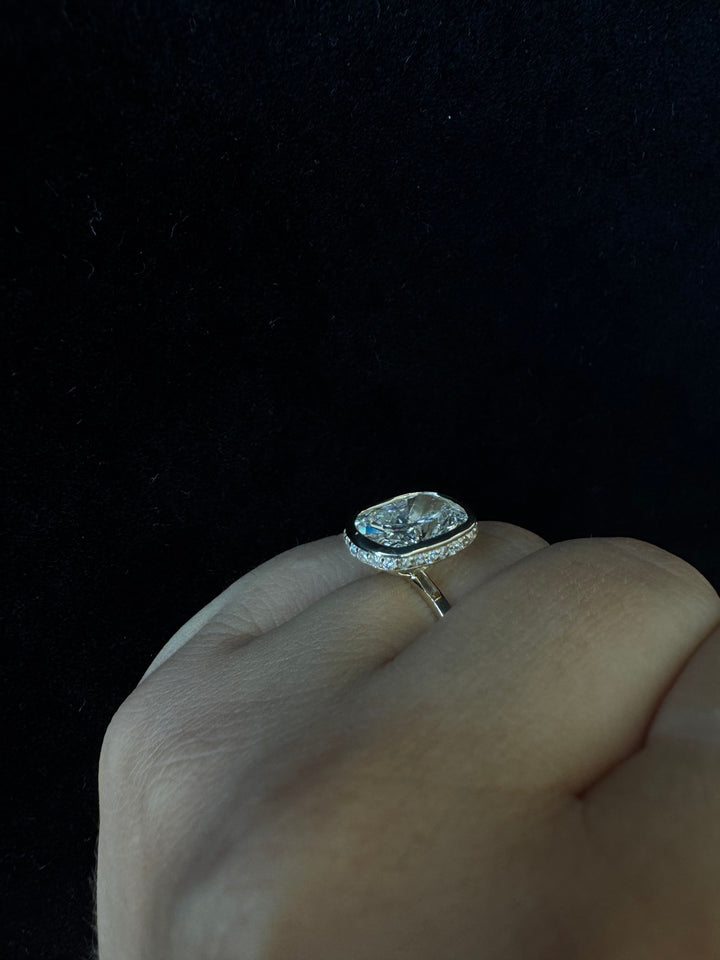 Bezel Set Elongated Cushion Cut Lab Grown Diamond Engagement Ring with Hidden Halo