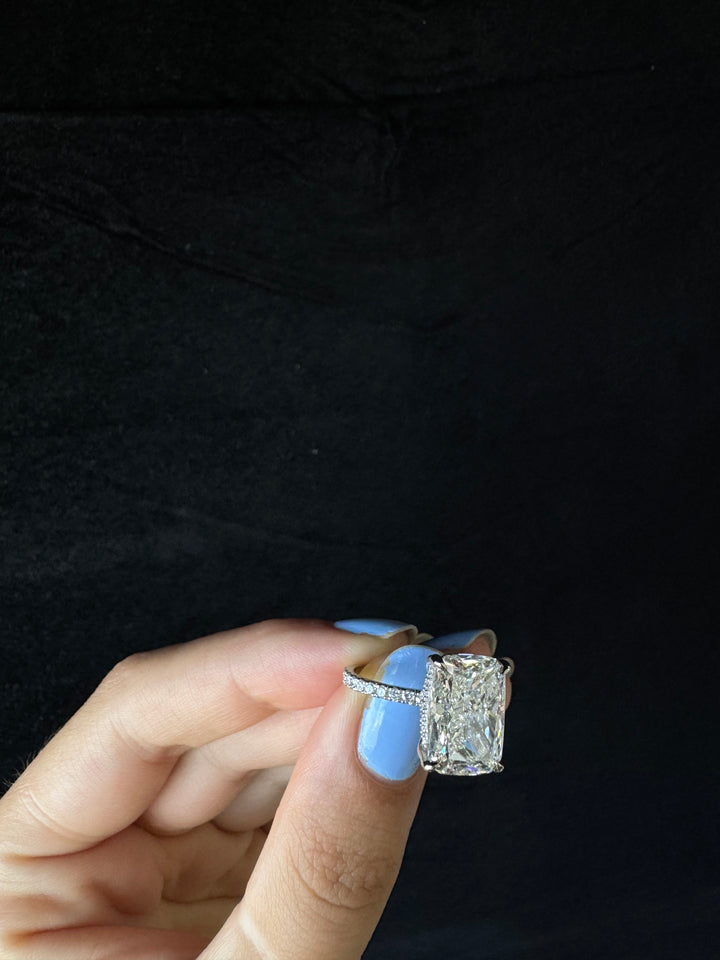 Elongated Cushion Cut Lab Grown Diamond Engagement Ring with Sidestones and Hidden Halo