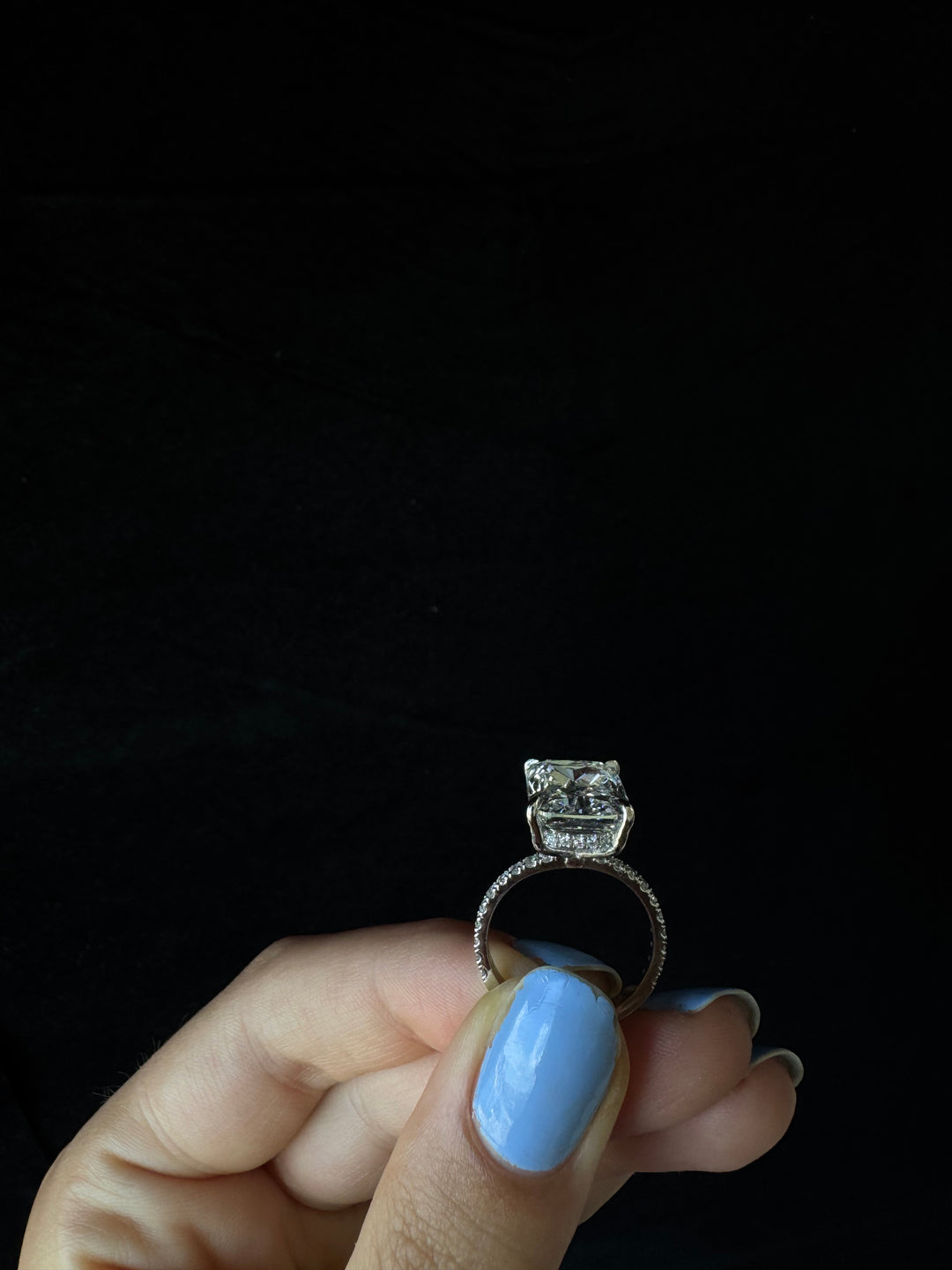 Elongated Cushion Cut Lab Grown Diamond Engagement Ring with Sidestones and Hidden Halo