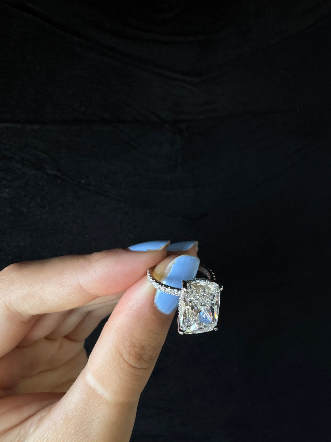 Elongated Cushion Cut Lab Grown Diamond Engagement Ring with Sidestones and Hidden Halo