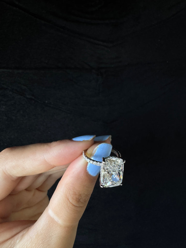 Elongated Cushion Cut Lab Grown Diamond Engagement Ring with Sidestones and Hidden Halo