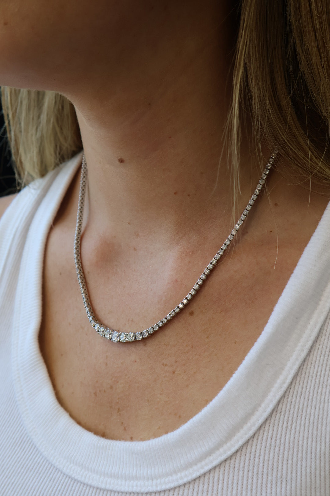 4 Prong Graduated Lab Grown Diamond Tennis Necklace 18K Solid Gold