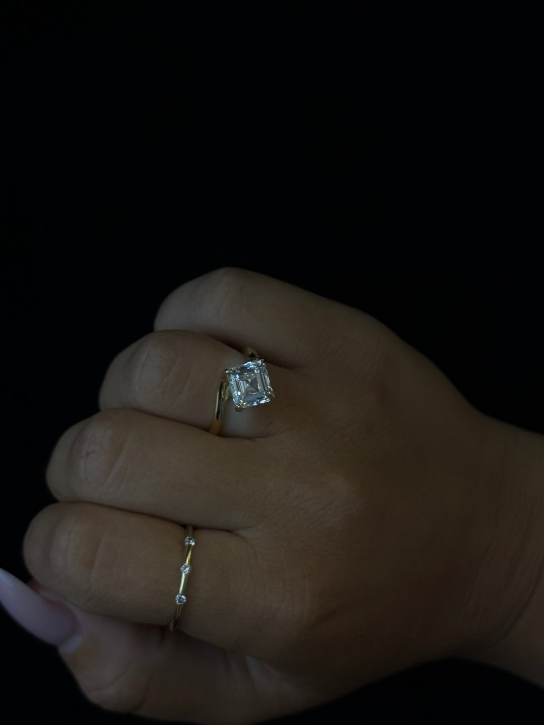 Asscher Cut Solitaire Lab Grown Diamond Engagement Ring Yellow Gold Lifestyle 6