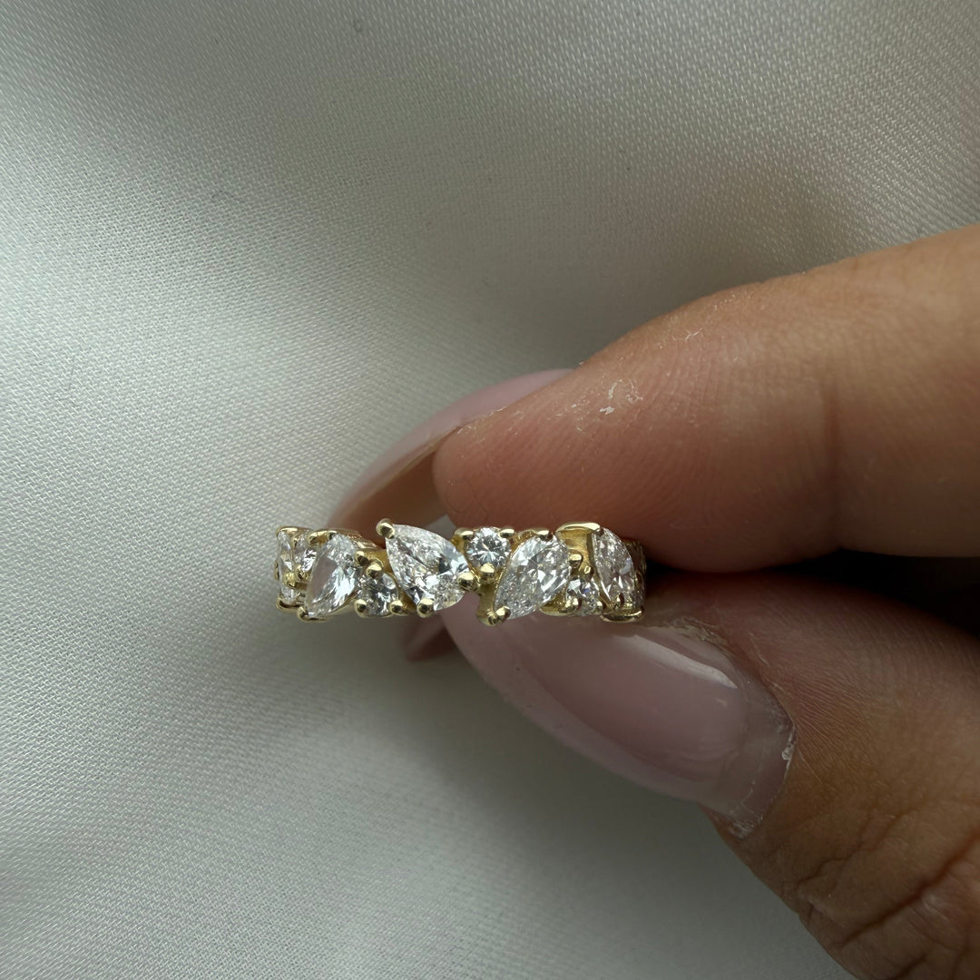Pear and Round Shape Lab Grown Diamond Eternity Band Yellow Gold Lifestyle 1