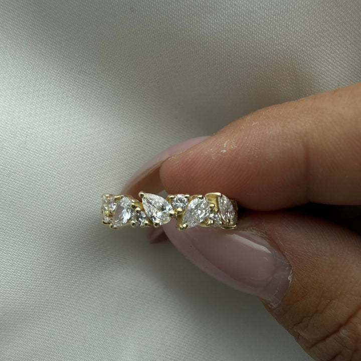 Pear and Round Shape Lab Grown Diamond Eternity Band Yellow Gold Lifestyle 1