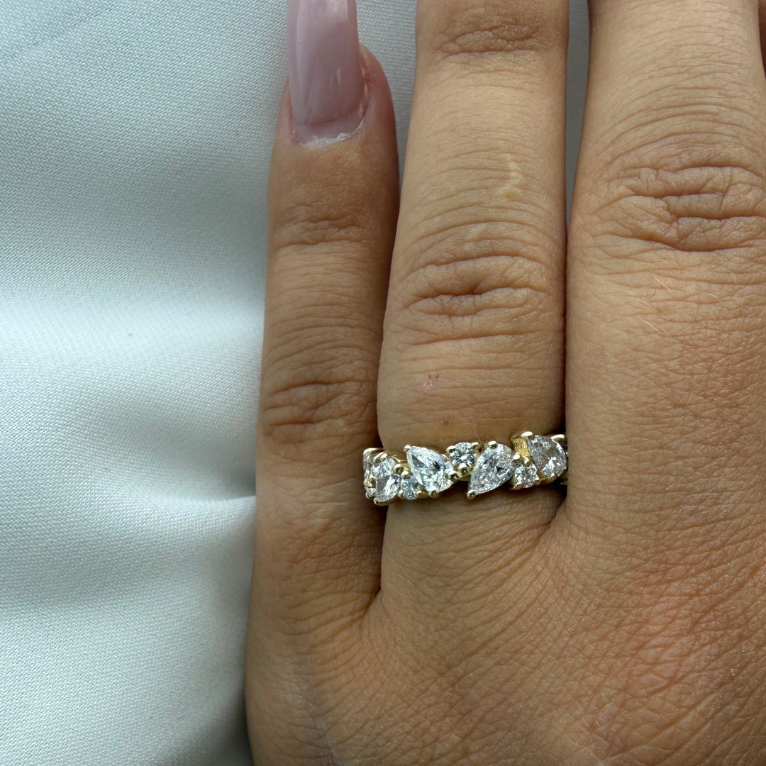 Pear and Round Shape Lab Grown Diamond Eternity Band Yellow Gold Lifestyle 2