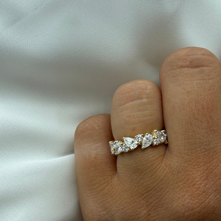 Pear and Round Shape Lab Grown Diamond Eternity Band Yellow Gold Lifestyle 3