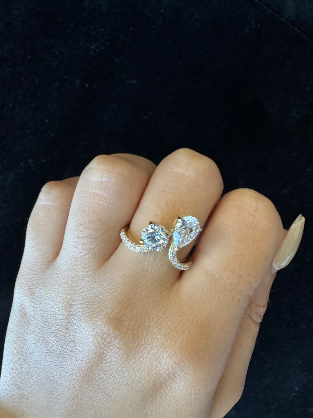 Regina - Toi et Moi Round Pear Lab Diamond Bypass Ring Pave Band- 6CT-10CT