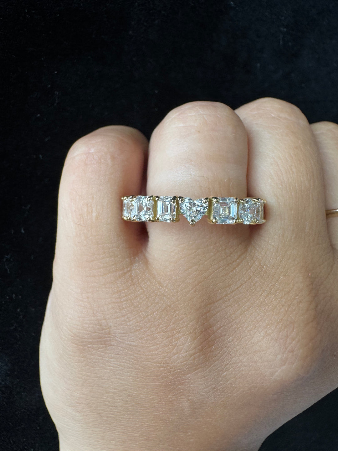 Yellow Gold Mixed Shape Lab Grown Diamond Eternity Band Female Hand