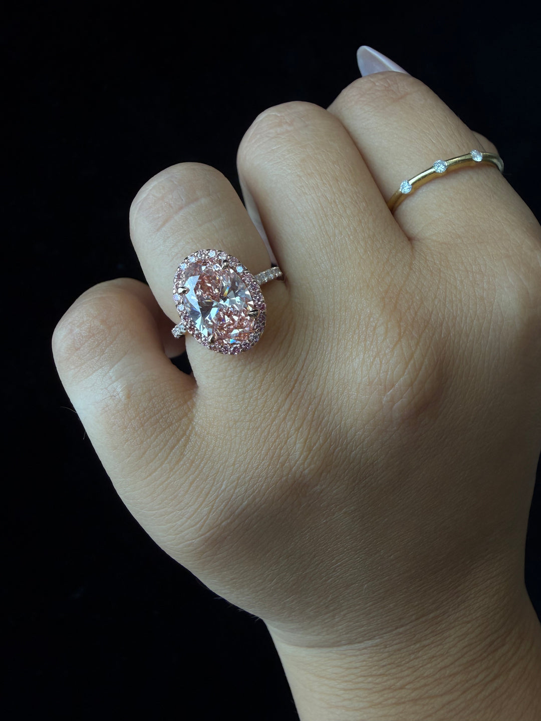 Fancy Pink Oval Two-Tone Lab Grown Diamond Halo Pave Ring