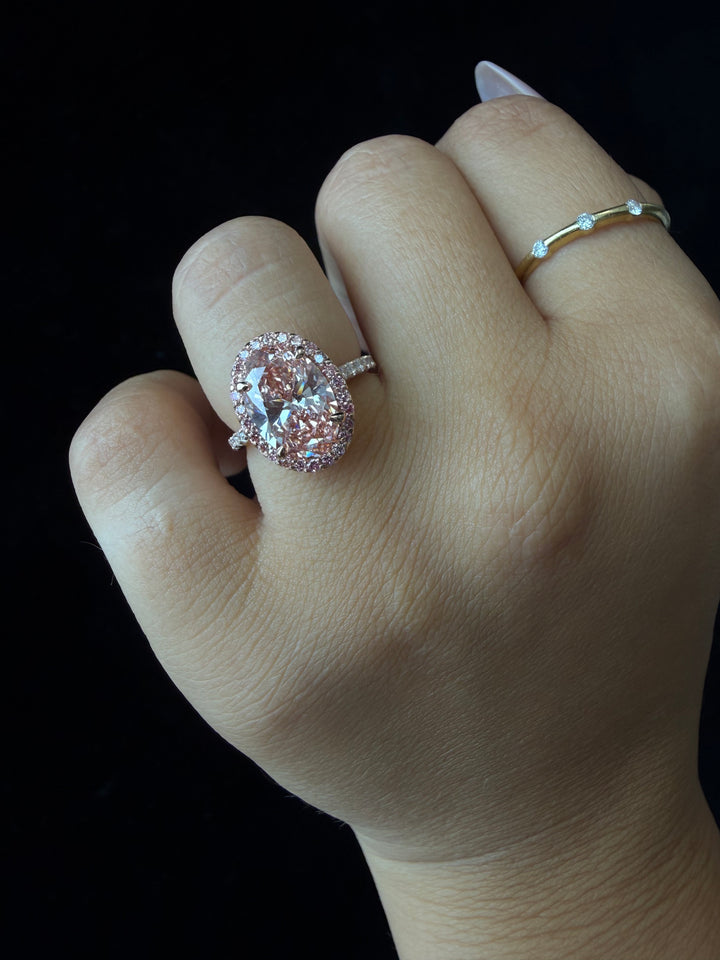 Fancy Pink Oval Two-Tone Lab Grown Diamond Halo Pave Ring