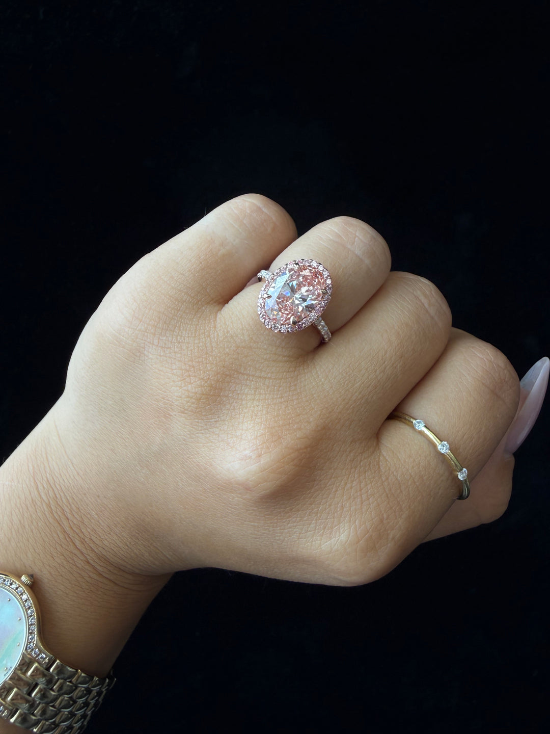 Fancy Pink Oval Two-Tone Lab Grown Diamond Halo Pave Ring