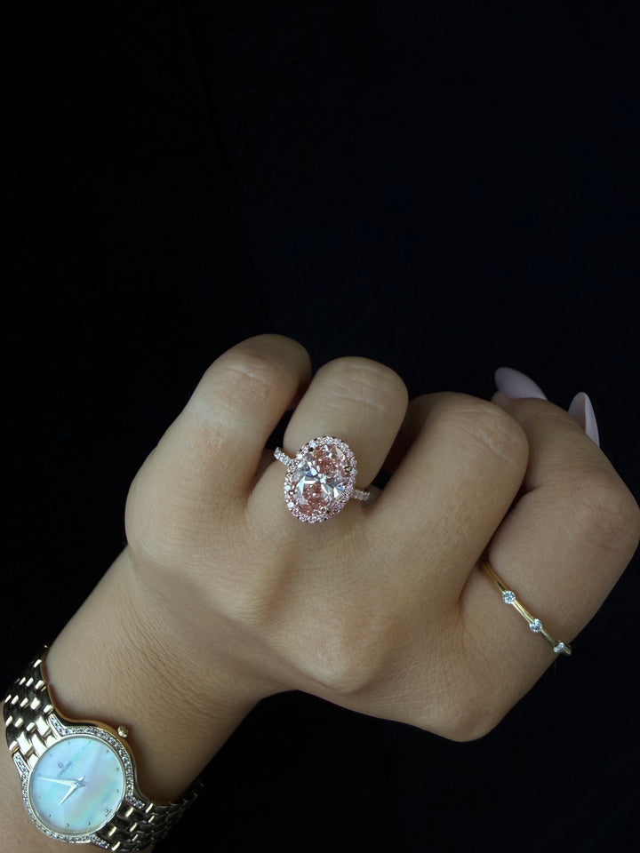 Fancy Pink Oval Two-Tone Lab Grown Diamond Halo Pave Ring