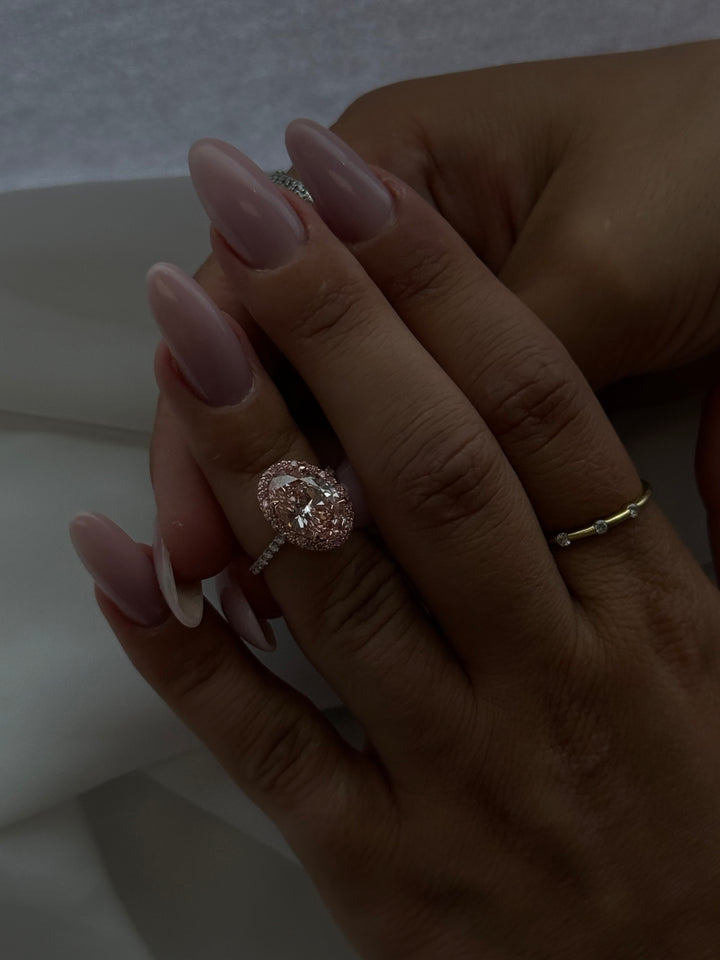 Fancy Pink Oval Two-Tone Lab Grown Diamond Halo Pave Ring