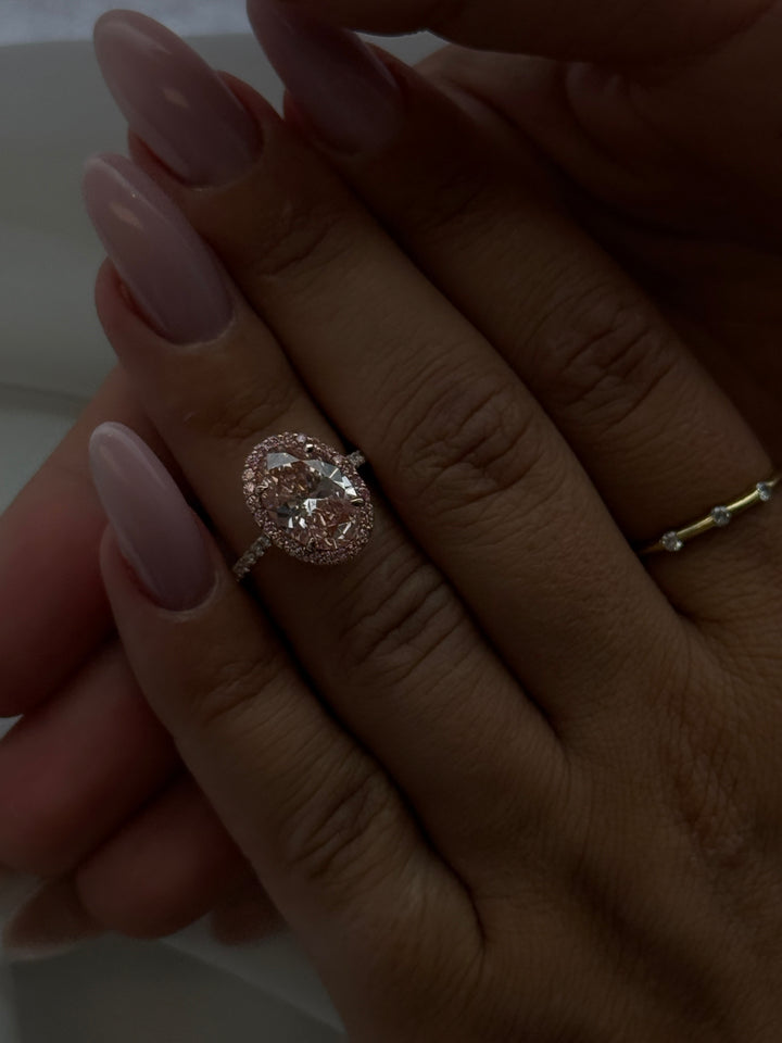 Fancy Pink Oval Two-Tone Lab Grown Diamond Halo Pave Ring