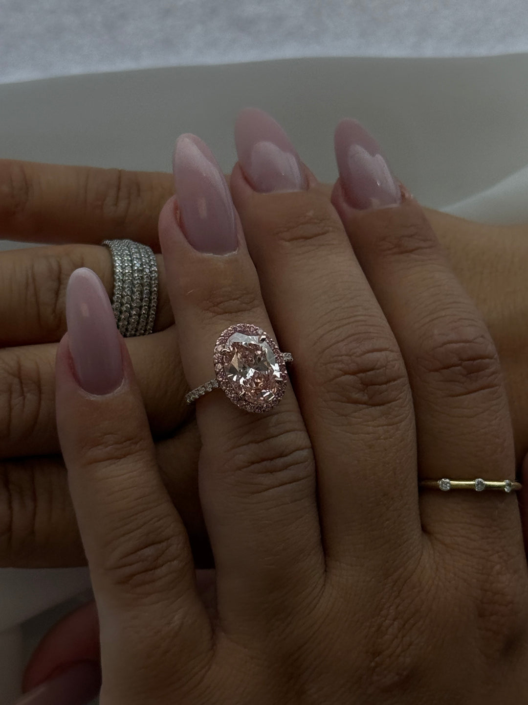 Fancy Pink Oval Two-Tone Lab Grown Diamond Halo Pave Ring