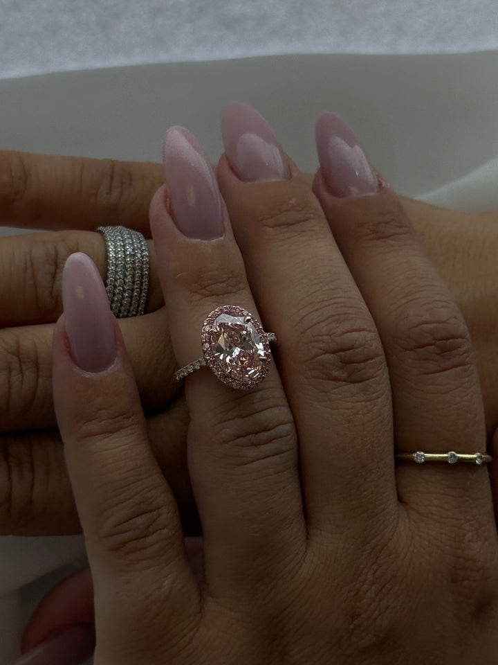 Fancy Pink Oval Two-Tone Lab Grown Diamond Halo Pave Ring