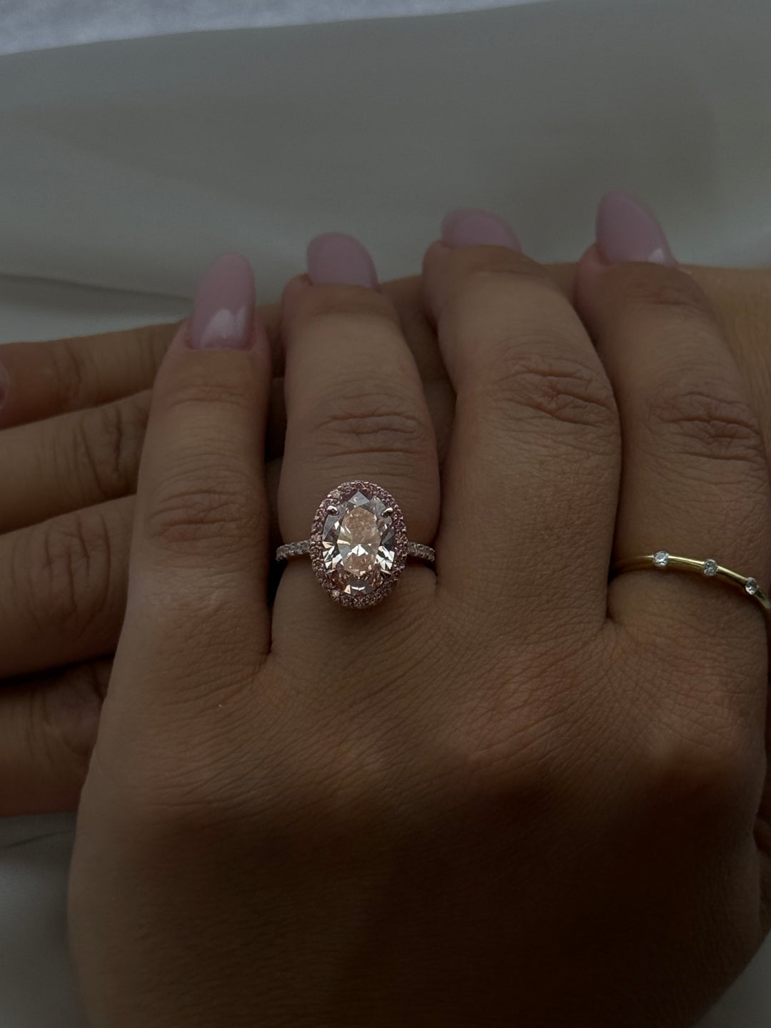 Fancy Pink Oval Two-Tone Lab Grown Diamond Halo Pave Ring