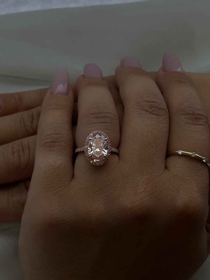 Fancy Pink Oval Two-Tone Lab Grown Diamond Halo Pave Ring
