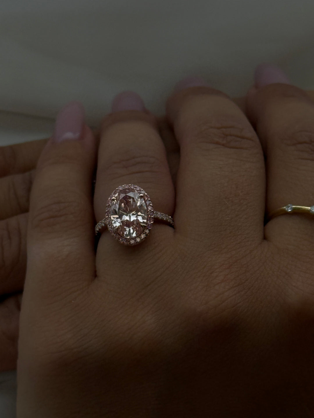 Fancy Pink Oval Two-Tone Lab Grown Diamond Halo Pave Ring