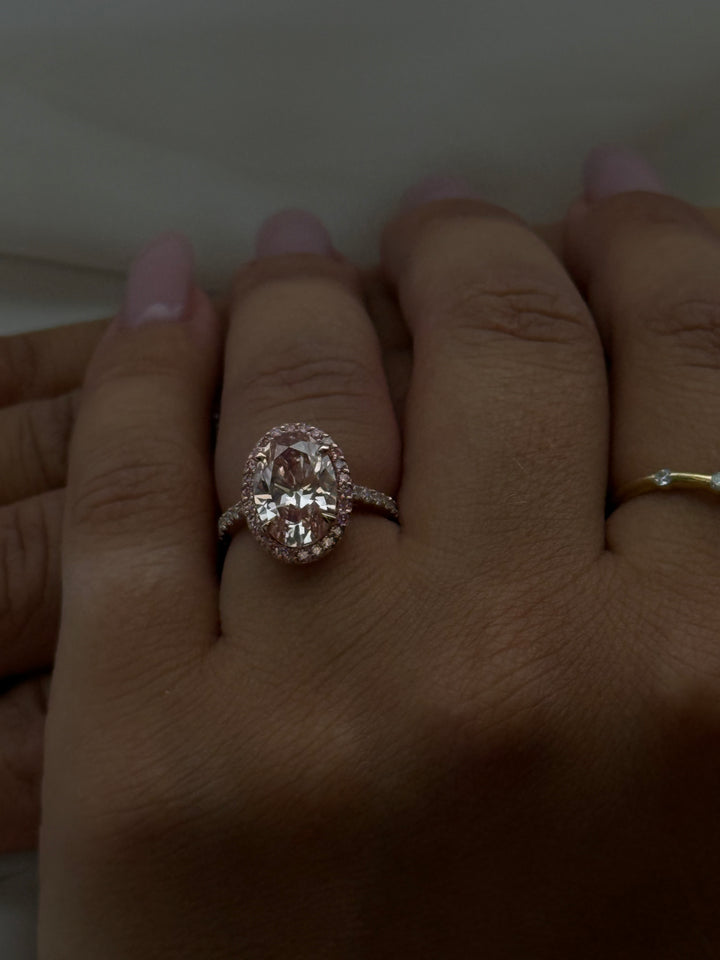 Fancy Pink Oval Two-Tone Lab Grown Diamond Halo Pave Ring