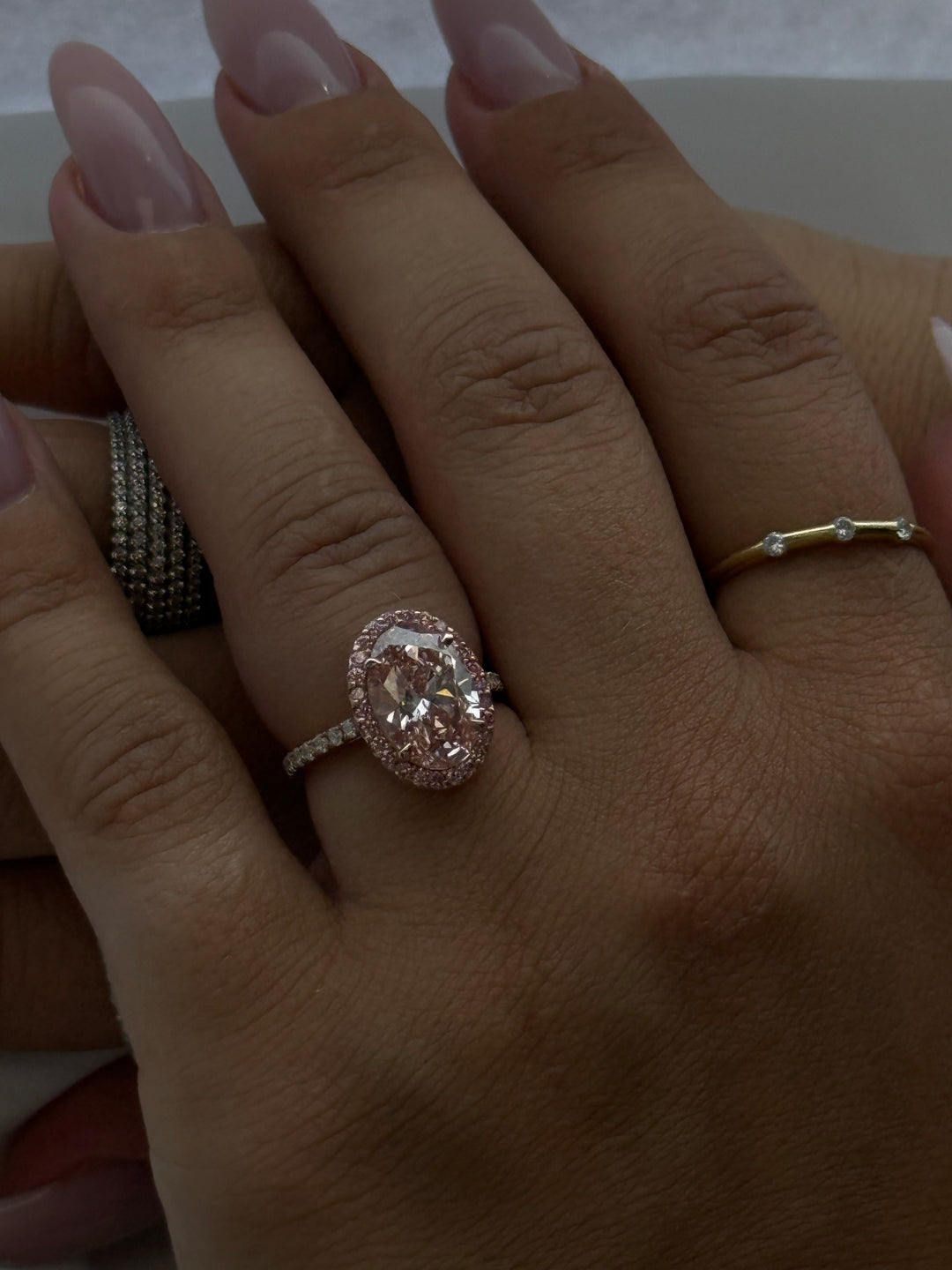 Fancy Pink Oval Two-Tone Lab Grown Diamond Halo Pave Ring