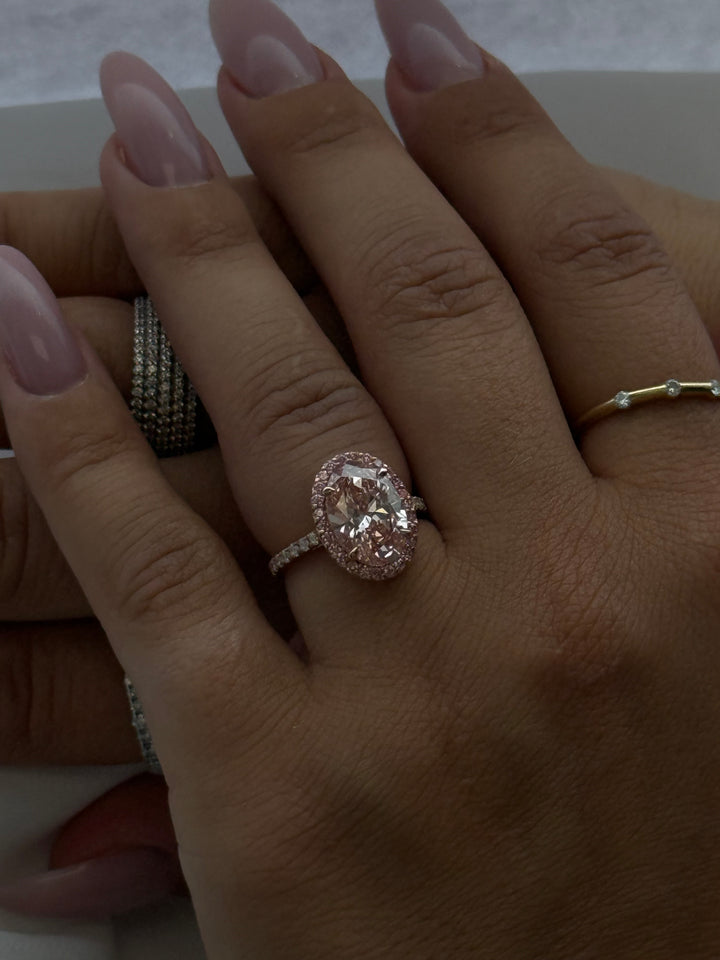 Fancy Pink Oval Two-Tone Lab Grown Diamond Halo Pave Ring