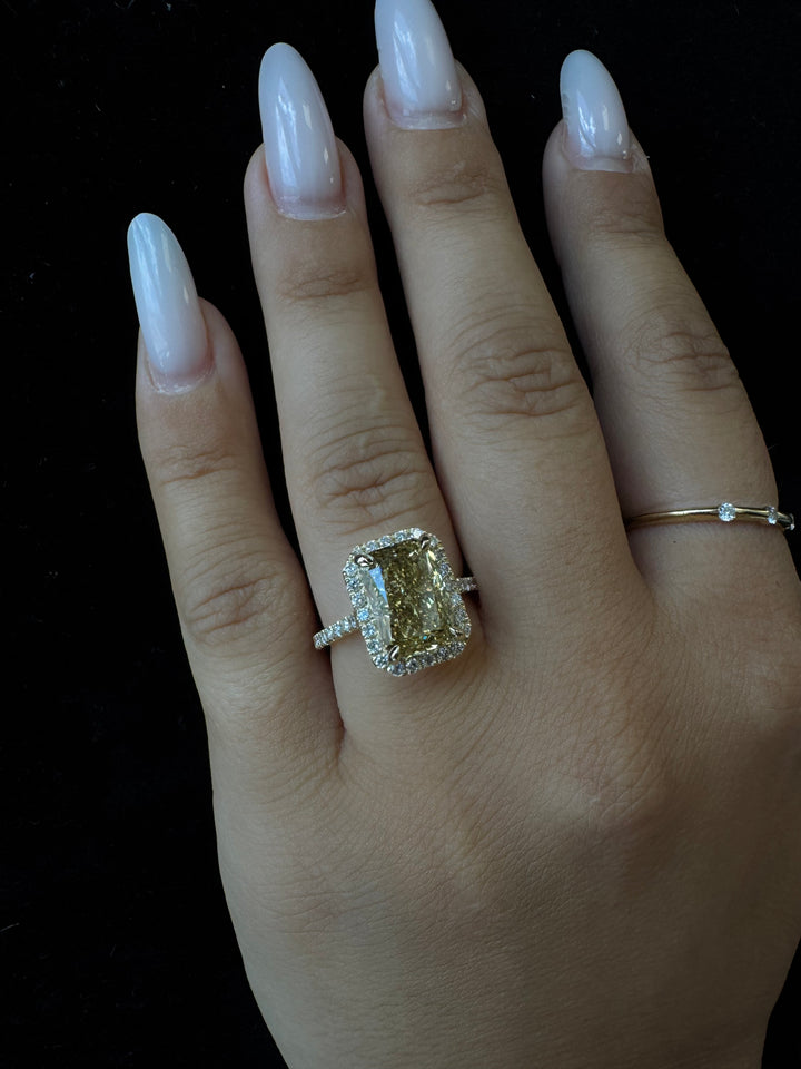 Radiant Cut Canary Yellow Lab-Grown Diamond Engagement Ring With Pave Band and Halo