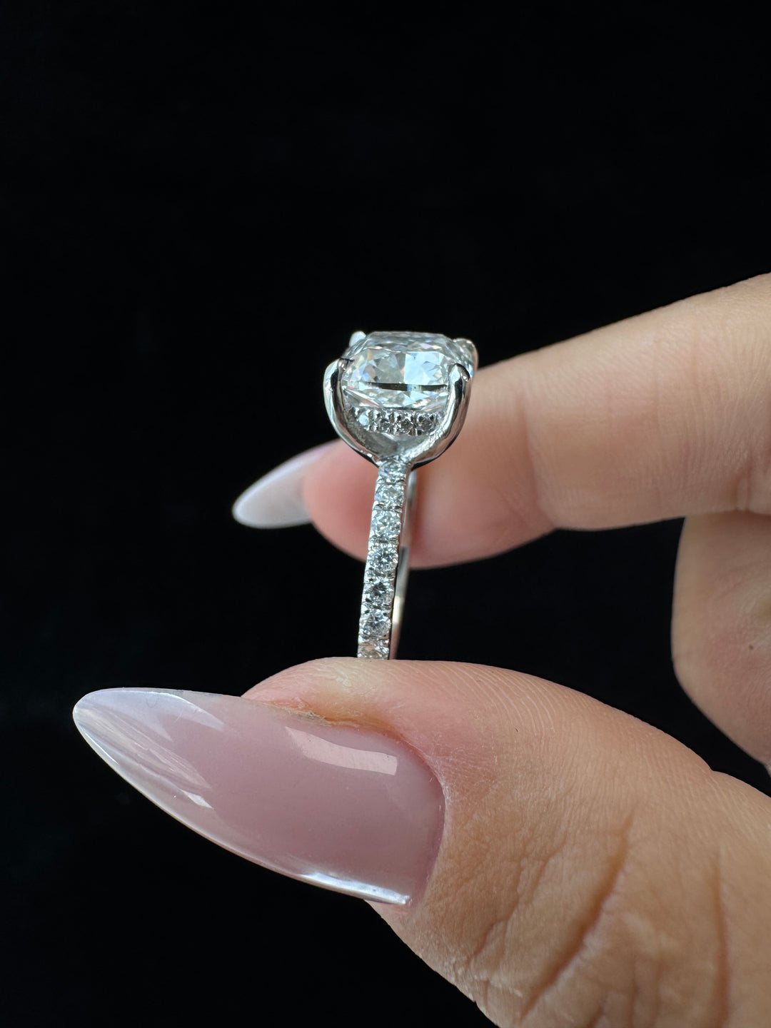 Cushion Cut Lab Grown Diamond Engagement Ring with Sidestones and Hidden Halo