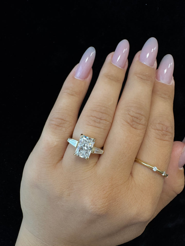 Radiant Cut Lab Grown Diamond Engagement Ring with Tapered Baguette Sidestones