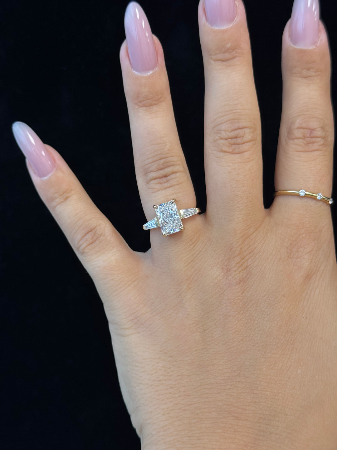 Radiant Cut Lab Grown Diamond Engagement Ring with Tapered Baguette Sidestones