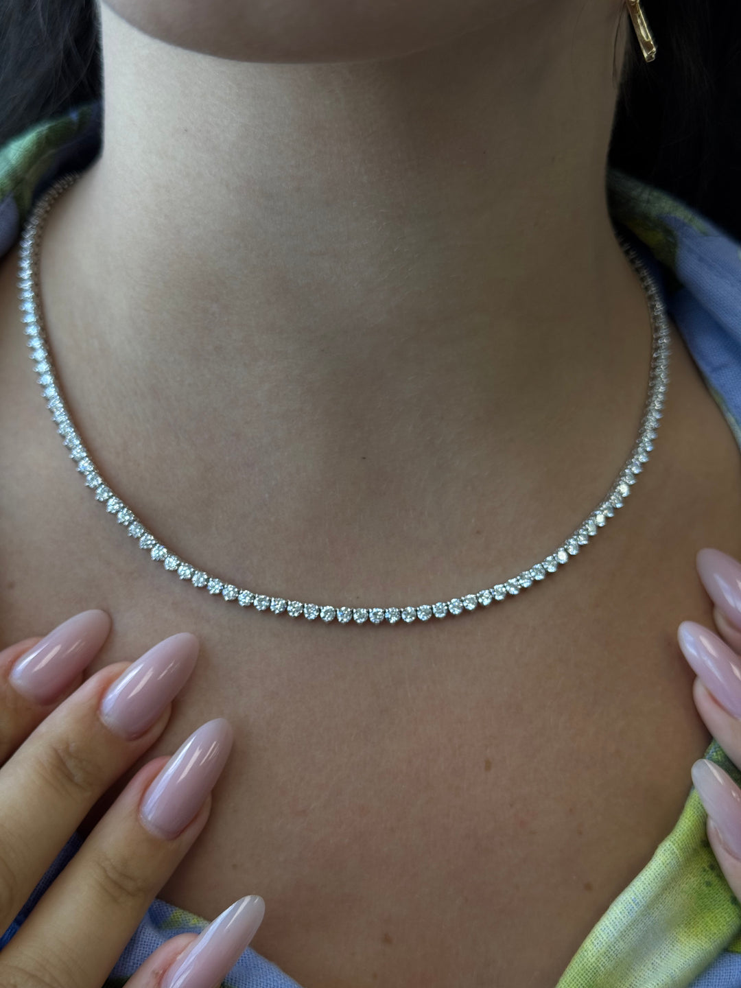 3 Prong Round Shape Lab Grown Diamond Tennis Necklace - Martini Style 14K Solid Gold