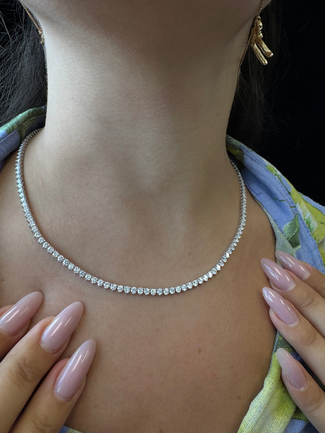 3 Prong Round Shape Lab Grown Diamond Tennis Necklace - Martini Style 14K Solid Gold