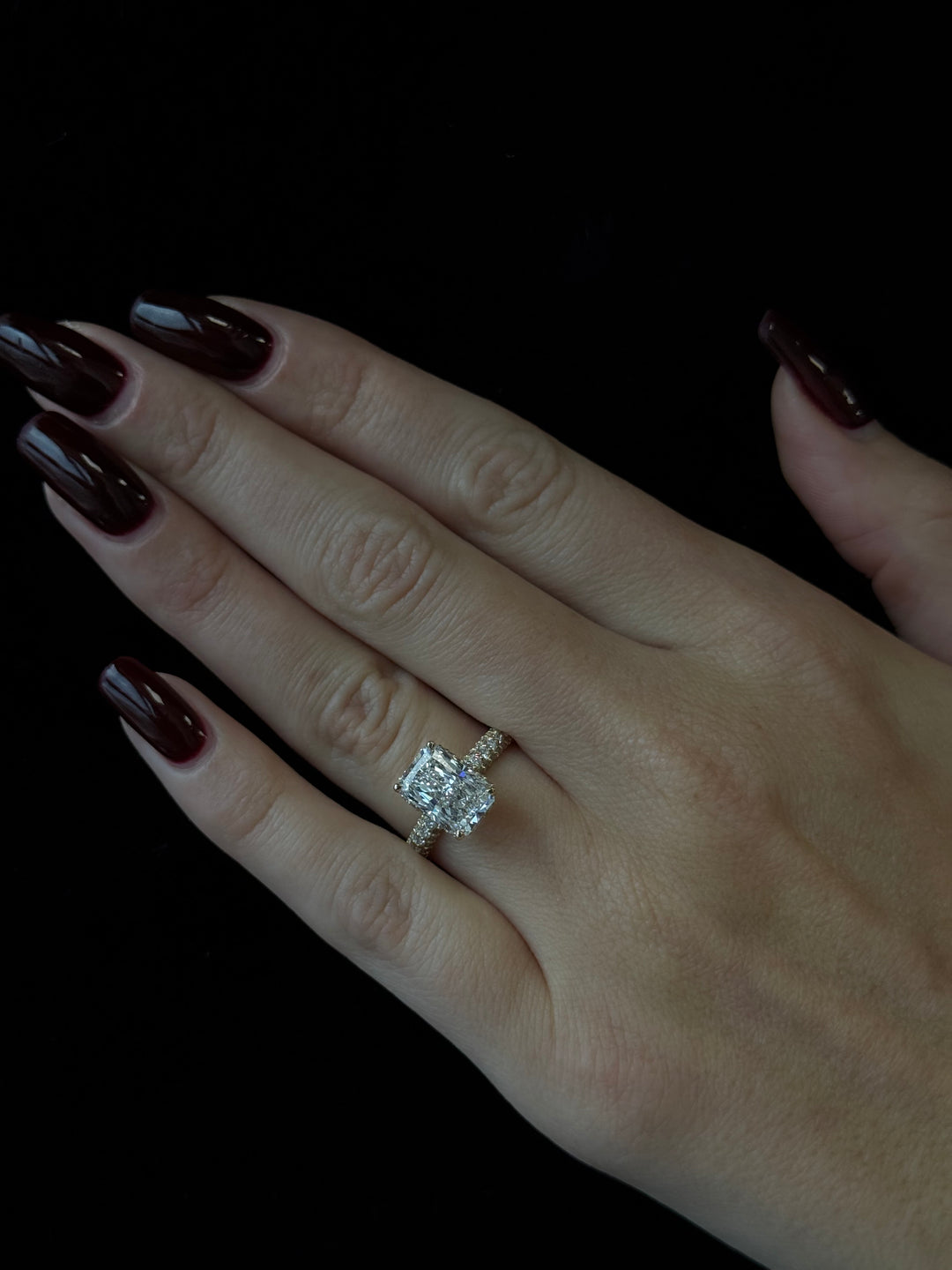 Thick pavé radiant cut hidden halo lab-grown diamond engagement ring in 14K yellow gold, TRR502.