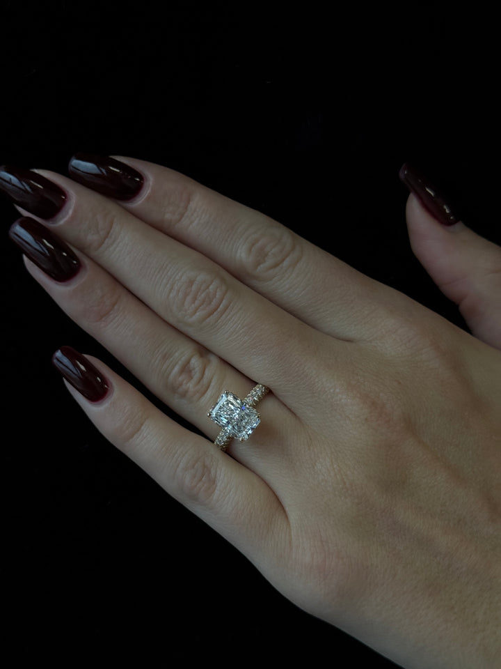 Thick pavé radiant cut hidden halo lab-grown diamond engagement ring in 14K yellow gold, TRR502.