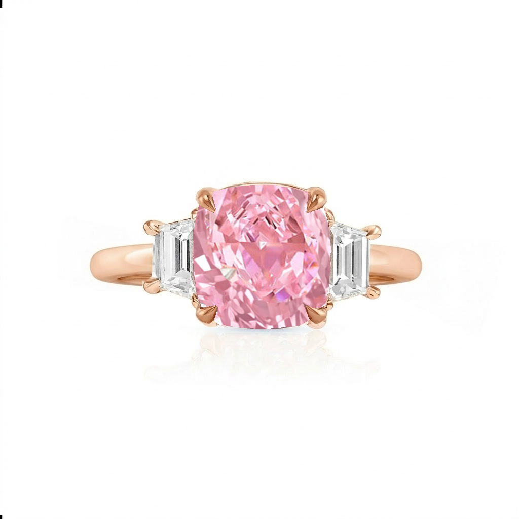 Fancy Pink Cushion Cut Lab Grown Diamond Engagement Ring with Trapezoid Sidestones