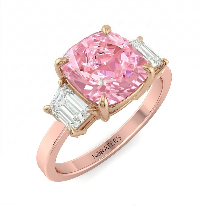 Fancy Pink Cushion Cut Lab Grown Diamond Engagement Ring with Trapezoid Sidestones