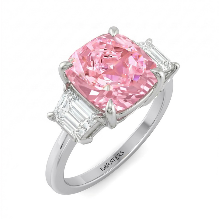 Fancy Pink Cushion Cut Lab Grown Diamond Engagement Ring with Trapezoid Sidestones