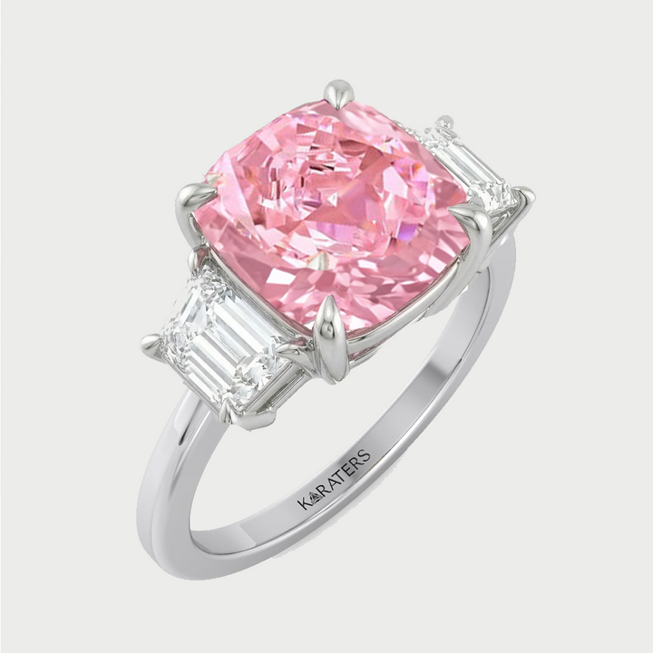 Fancy Pink Cushion Cut Lab Grown Diamond Engagement Ring with Trapezoid Sidestones