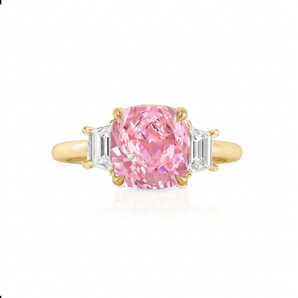 Fancy Pink Cushion Cut Lab Grown Diamond Engagement Ring with Trapezoid Sidestones